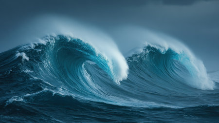 Experience the exhilarating beauty of crashing ocean waves under a dramatic sky, capturing nature's raw energy in a stunning seascape that evokes motion and tranquility.の素材