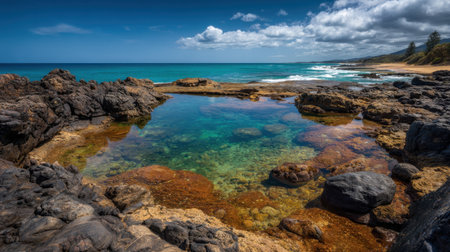 Explore a stunning coastal landscape featuring clear tide pools among rocky formations, under a bright sky and gentle ocean waves, perfect for nature lovers.の素材
