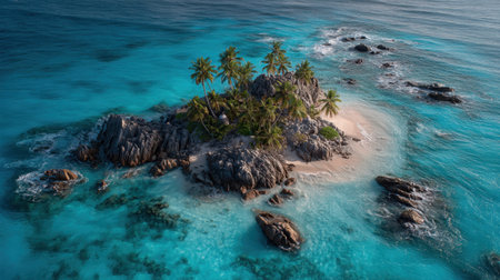 Discover the beauty of a secluded tropical island featuring swaying palm trees, crystal-clear waters, and stunning rocky shores, perfect for a tranquil escape.の素材