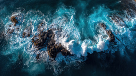Captivating aerial image showcasing dynamic ocean waves as they crash against rugged rocks, creating foam and stunning textures in a vibrant seascape.の素材