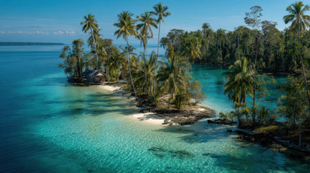 Experience the beauty of a secluded tropical island, featuring clear waters, vibrant palm trees, and lush greenery, ideal for relaxation and nature exploration.の素材