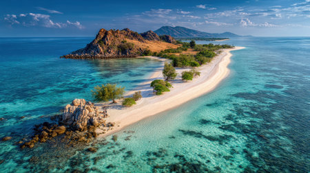 Explore a stunning tropical island featuring clear blue waters and a pristine sandy beach, surrounded by lush greenery and rocky formations, perfect for relaxation.の素材