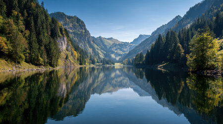 A breathtaking view of a peaceful mountain lake surrounded by vibrant green trees and towering summits under a clear blue sky, reflecting serene waters.の素材