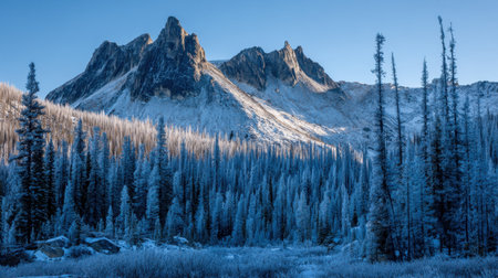 Stunning winter landscape featuring majestic, snow-capped peaks rising above a frosty forest, bathed in the warm glow of early morning light under clear blue skies.の素材