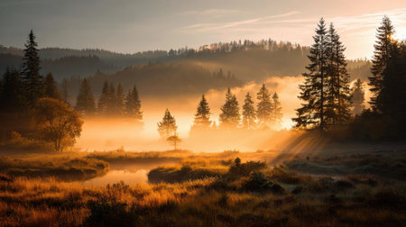 Capture the beauty of a misty morning in a tranquil forest, where soft sunlight filters through trees, creating a serene atmosphere reflected in calm waters.の素材