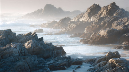 A breathtaking coastal scene featuring rugged rocks and gentle waves, enveloped in a soft mist, capturing the serene beauty of nature at twilight.の素材