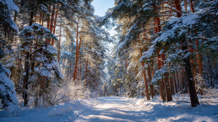 A beautiful snowy woodland scene depicts a serene pathway lined with tall pine trees, illuminated by bright winter light creating a peaceful atmosphere.の素材