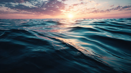 This image captures the tranquility of ocean waves at sunset, showcasing gentle ripples and vibrant colors that reflect the warm light over calm waters.の素材