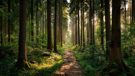 A beautiful forest pathway, framed by tall trees, invites exploration. Sunlight streams through the branches, creating a tranquil atmosphere perfect for nature lovers.の素材