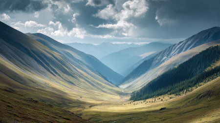 A breathtaking view of an expansive mountain valley, showcasing vibrant greenery, rolling hills, and dramatic clouds. This serene landscape evokes a sense of peace and adventure.の素材
