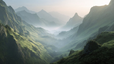 Experience the breathtaking beauty of a serene mountain landscape, where lush green hills meet ethereal mist at dawn, inviting tranquility and exploration.の素材