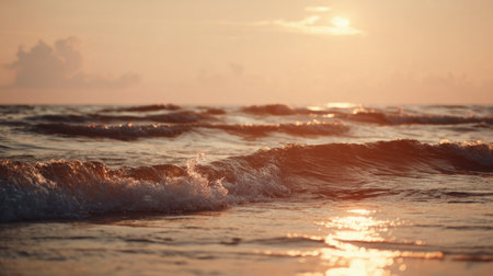 A serene scene of sunset illuminating gentle ocean waves, creating a reflective, tranquil atmosphere ideal for nature lovers and beach enthusiasts seeking relaxation.の素材