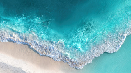 Experience the serene beauty of clear ocean waves merging with a sandy shoreline, showcasing vibrant colors and natural tranquility in a sunny paradise.の素材