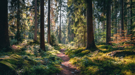 A serene forest pathway invites exploration through towering pines and vibrant greenery. The sunlight filters gently, creating a peaceful and tranquil atmosphere.の素材