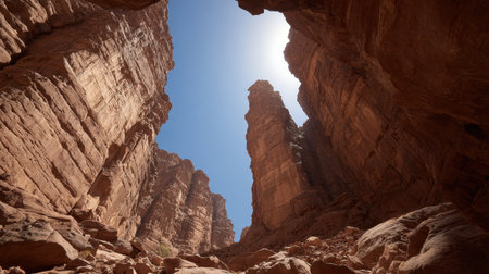 Discover a stunning canyon view with towering rock walls under a clear blue sky. Sunlight illuminates the natural beauty, creating a serene outdoor atmosphere.の素材