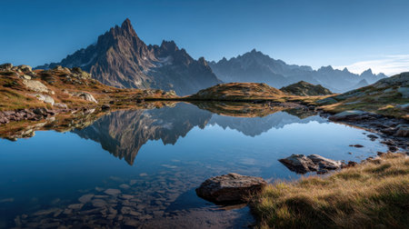 A breathtaking view of a remote mountain landscape showcasing stunning peaks reflected in tranquil water, creating a serene and peaceful atmosphere for nature lovers.の素材