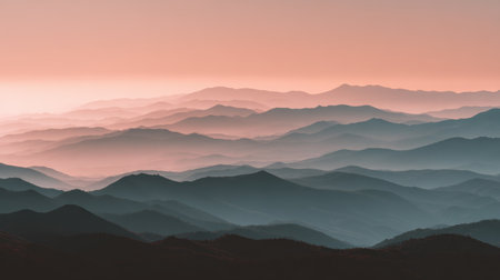 A breathtaking view of overlapping mountain ranges at twilight, showcasing a blend of soft pink and blue hues, evoking a calming atmosphere in nature.の素材