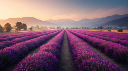 A stunning view of lush lavender fields stretching into the distance under a gentle sunrise, surrounded by soft mountains, showcasing nature's tranquil beauty in vibrant colors.の素材