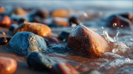 A close-up view of smooth stones partially submerged in glistening water at the beach, capturing the essence of tranquility and natural beauty during sunrise.の素材