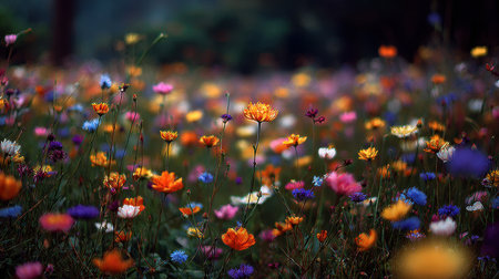 A captivating view of a vibrant meadow filled with colorful wildflowers, showcasing the beauty and tranquility of nature under warm sunlight in a peaceful outdoor setting.の素材