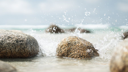 A peaceful scene of water splashing around smooth stones on a beach, capturing the beauty of nature with gentle waves and a serene atmosphere under a cloudy sky.の素材