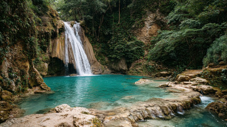 Explore a breathtaking waterfall pouring into a turquoise pool, nestled in a vibrant tropical forest, showcasing the beauty of nature and tranquility.の素材