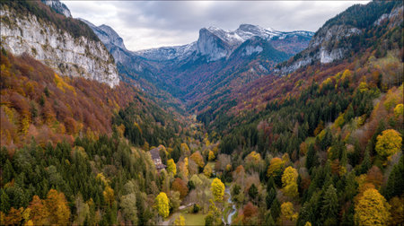 Explore a breathtaking autumn landscape showcasing vibrant foliage, majestic mountains, and a serene valley under a cloudy sky, perfect for nature enthusiasts.の素材