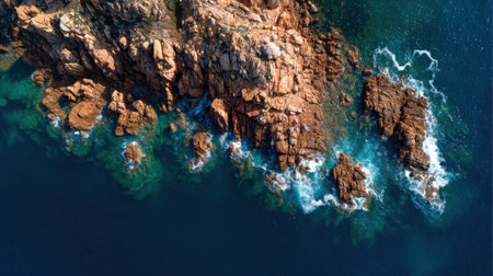 An aerial perspective showcasing a rugged rocky coastline with turquoise waters, where gentle waves crash against the stones under bright sunlight, emphasizing nature's beauty.の素材