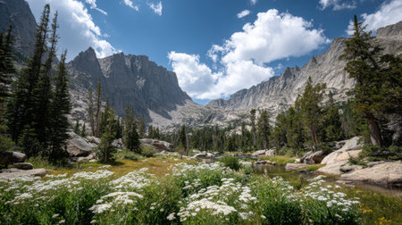 Experience a breathtaking mountain landscape featuring a serene valley, vibrant wildflowers, and towering peaks against a clear blue sky, perfect for nature enthusiasts.の素材