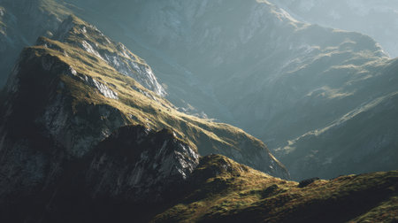 Explore the beauty of a rugged mountain landscape where dramatic peaks meet lush greenery bathed in gentle sunlight, inviting adventure and exploration in nature.の素材