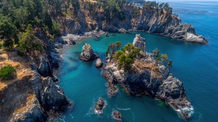 A breathtaking aerial view showcasing a pristine coastal landscape featuring rocky outcrops, lush greenery, and the shimmering blue waters of the ocean.の素材