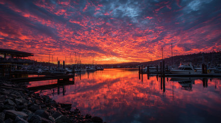 Stunning sunset over a marina with vibrant colors illuminating the sky and calm water reflecting the natural beauty of the harbor landscape. Perfect for relaxation.の素材