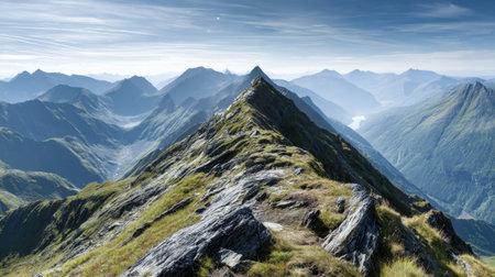 Experience breathtaking views from a mountain peak showcasing lush valleys and sharp ridges under a clear blue sky, perfect for nature lovers and adventurers.の素材