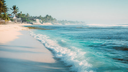 A tranquil coastal scene featuring gentle waves lapping at a sandy beach, bordered by lush tropical vegetation under a clear sky, perfect for relaxation and escape.の素材