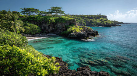 Discover a tranquil scene featuring vibrant turquoise waters and lush greenery along a coastal landscape, perfect for relaxation and escape in nature's beauty.の素材