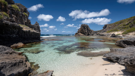 Experience the beauty of this serene coastal landscape with clear waters and rocky outcrops, creating a perfect escape for nature lovers under a bright sky.の素材