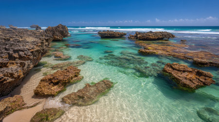 A breathtaking coastal landscape featuring crystal clear waters gently lapping against rocky outcrops under a bright, sunny sky. Perfect for travel inspiration and nature lovers.の素材
