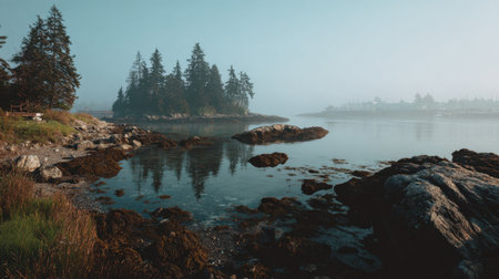 A serene coastal landscape featuring foggy islands and calm waters at dawn, perfect for nature lovers and anyone seeking tranquility in a beautiful environment.の素材