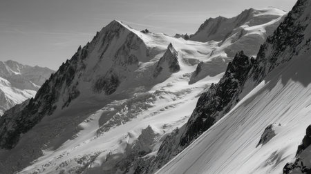 Stunning black and white photograph showcasing snow-covered mountain peaks and rocky landscapes, ideal for nature and adventure-oriented projects and themes.の素材
