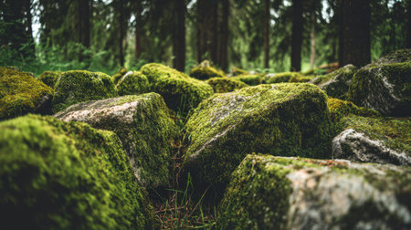 A stunning view of moss-covered rocks in a tranquil forest, showcasing nature's beauty. Sunlight filters through trees, highlighting the lush green environment.の素材
