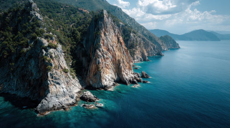 Stunning aerial view showcasing a rocky coastline meeting clear turquoise water, framed by lush mountains, perfect for nature lovers and travel enthusiasts alike.の素材