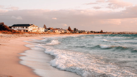 A calm beachfront scene captures the beauty of gentle waves lapping at the shore, with cozy houses lining the coast under a colorful sunset sky.の素材