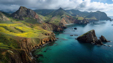 Explore breathtaking coastal scenery showcasing vibrant greenery along rocky cliffs beneath a dynamic sky. Ideal for nature enthusiasts and photographers.の素材
