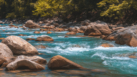 A picturesque view of a crystal-clear river winding through rocky terrain. Sunlight filters through lush greenery, creating a serene and tranquil atmosphere in nature.の素材