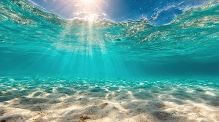 Stunning underwater view showcasing the serene ocean with sunlight filtering through crystal-clear water, revealing a beautiful sandy seafloor below.の素材