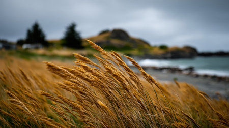 A beautiful view of golden grasses swaying in the wind, set against a serene coastal landscape under a dramatic overcast sky, capturing the essence of nature.の素材