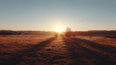 A serene sunrise casts golden light over a peaceful meadow, creating beautiful long shadows and a gentle fog that enhances the tranquil atmosphere.の素材