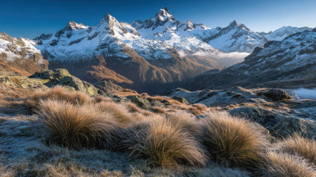 Explore a breathtaking view of majestic snow-covered mountains in early morning light, surrounded by frosty grass. Experience the stunning beauty of nature's tranquility.の素材