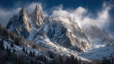 Capture the grandeur of snow-covered mountain peaks rising majestically under wispy clouds and a clear blue sky. A stunning winter landscape filled with evergreen trees.の素材