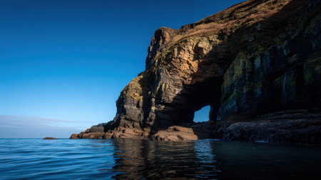 Discover a tranquil coastal scene featuring a majestic rock formation and clear blue skies, with calm waters reflecting the stunning cliffs and natural arch.の素材
